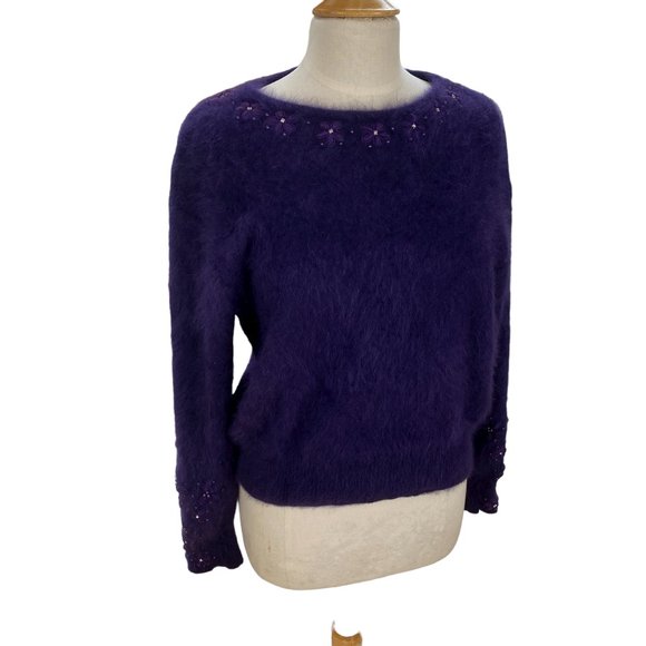 Vintage Angora Wool Sweater Purple Embroidered Flower Gems Dark Fairycore-L - Picture 2 of 14